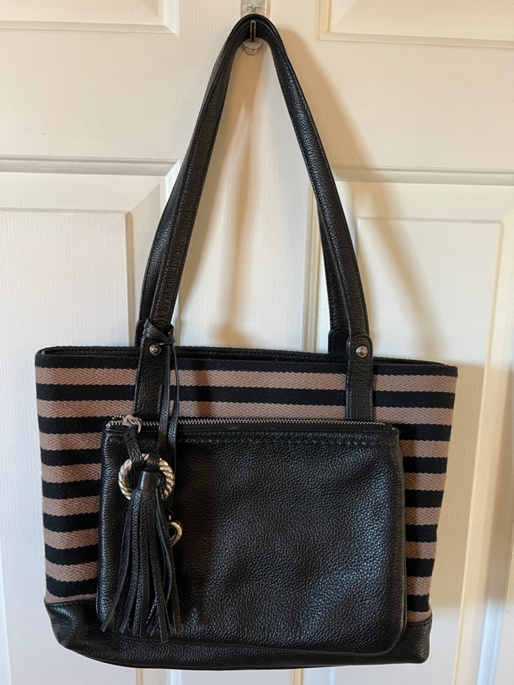 Brighton Black and Taupe Striped Tote with Tassel Pocket